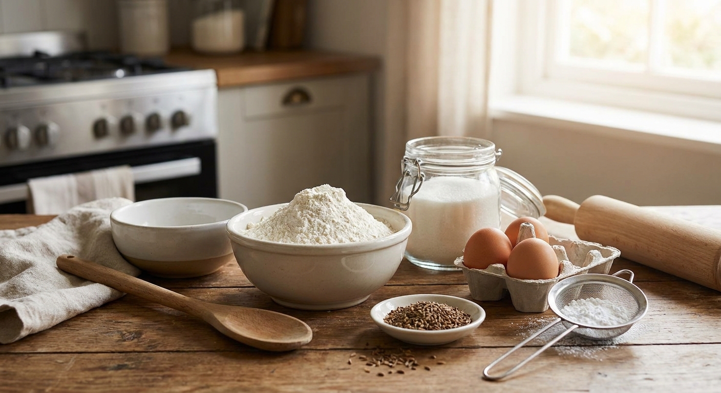 Measured ingredients for Springerle cookies on a light kitchen counter including flour, sugar, eggs, anise, and powdered sugar