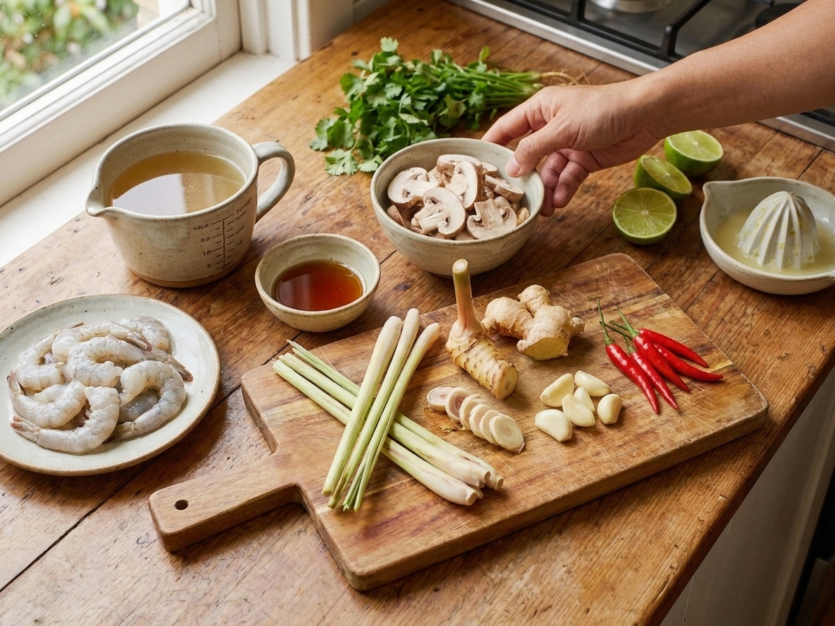 Measured ingredients for Thai hot and sour soup including broth, lemongrass, ginger, garlic, mushrooms, shrimp, lime, fish sauce, cilantro, and chiles arranged on a kitchen counter