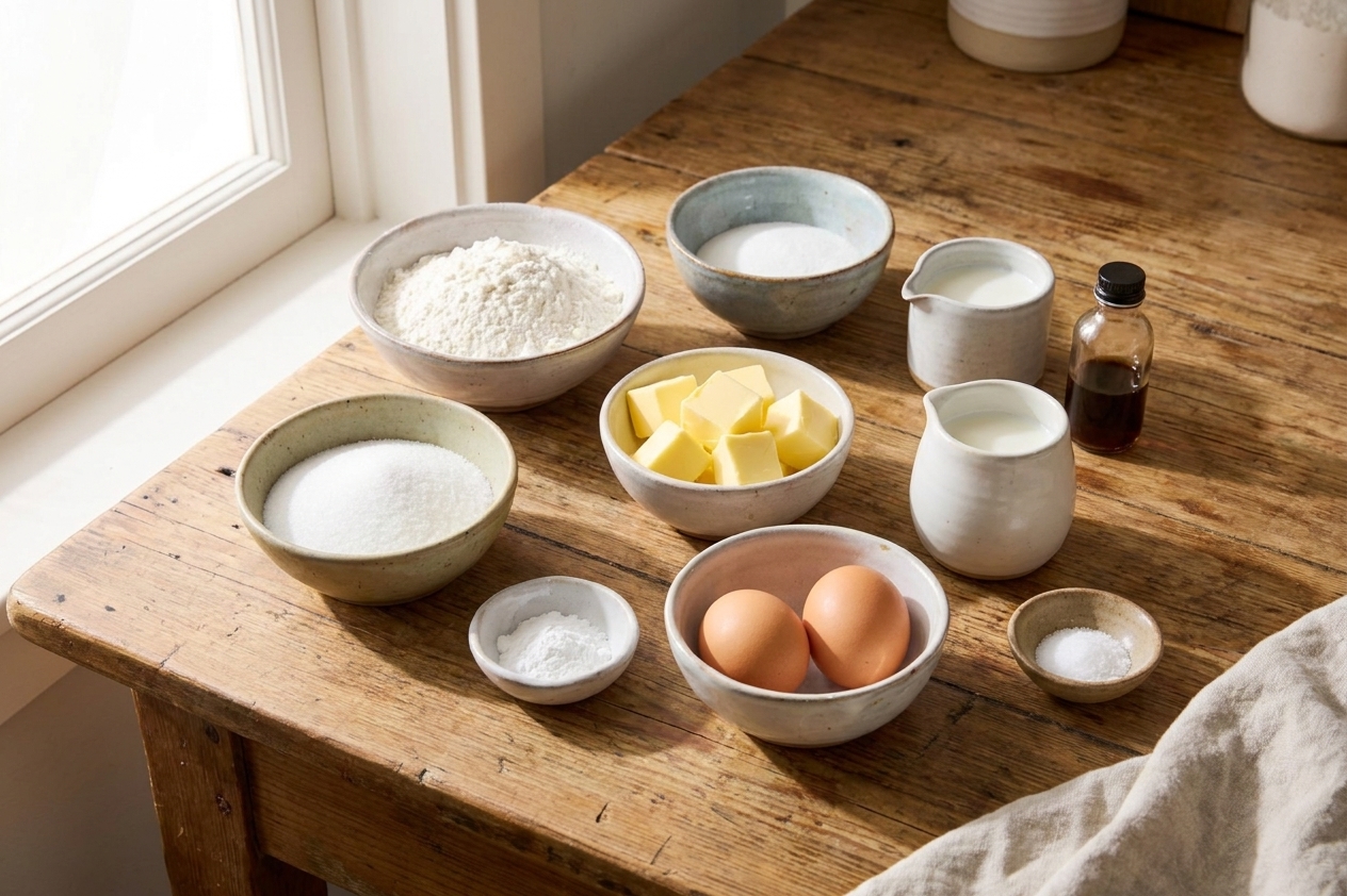 Measured ingredients for Victoria sponge on a tidy kitchen counter: flour, sugar, butter, eggs, baking powder, milk, vanilla, and salt in small bowls