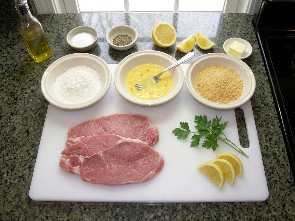 Measured ingredients for Wiener schnitzel including veal cutlets, flour, eggs, breadcrumbs, lemon, parsley, salt, pepper, oil, and butter arranged on a bright kitchen counter