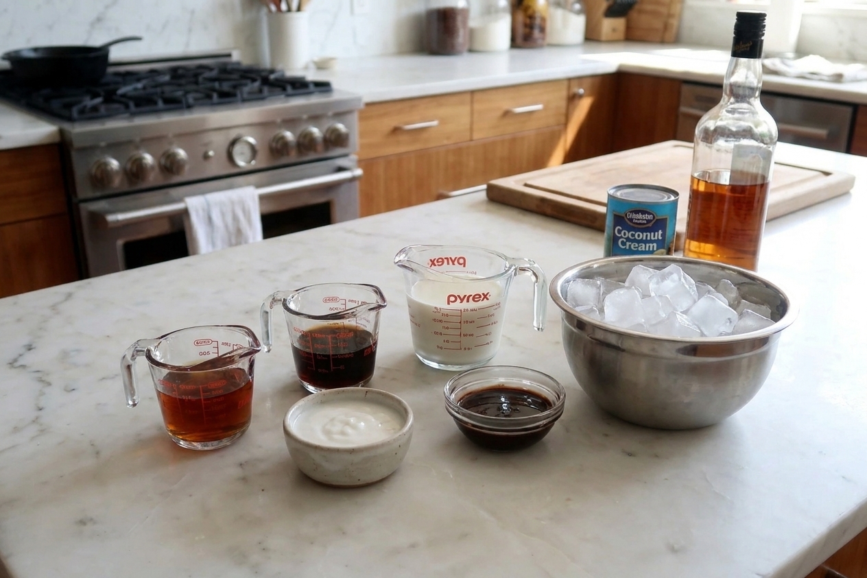 Measured ingredients for a Bushwacker on a kitchen counter including rum, coffee liqueur, cream of coconut, milk, chocolate syrup, and a bowl of ice
