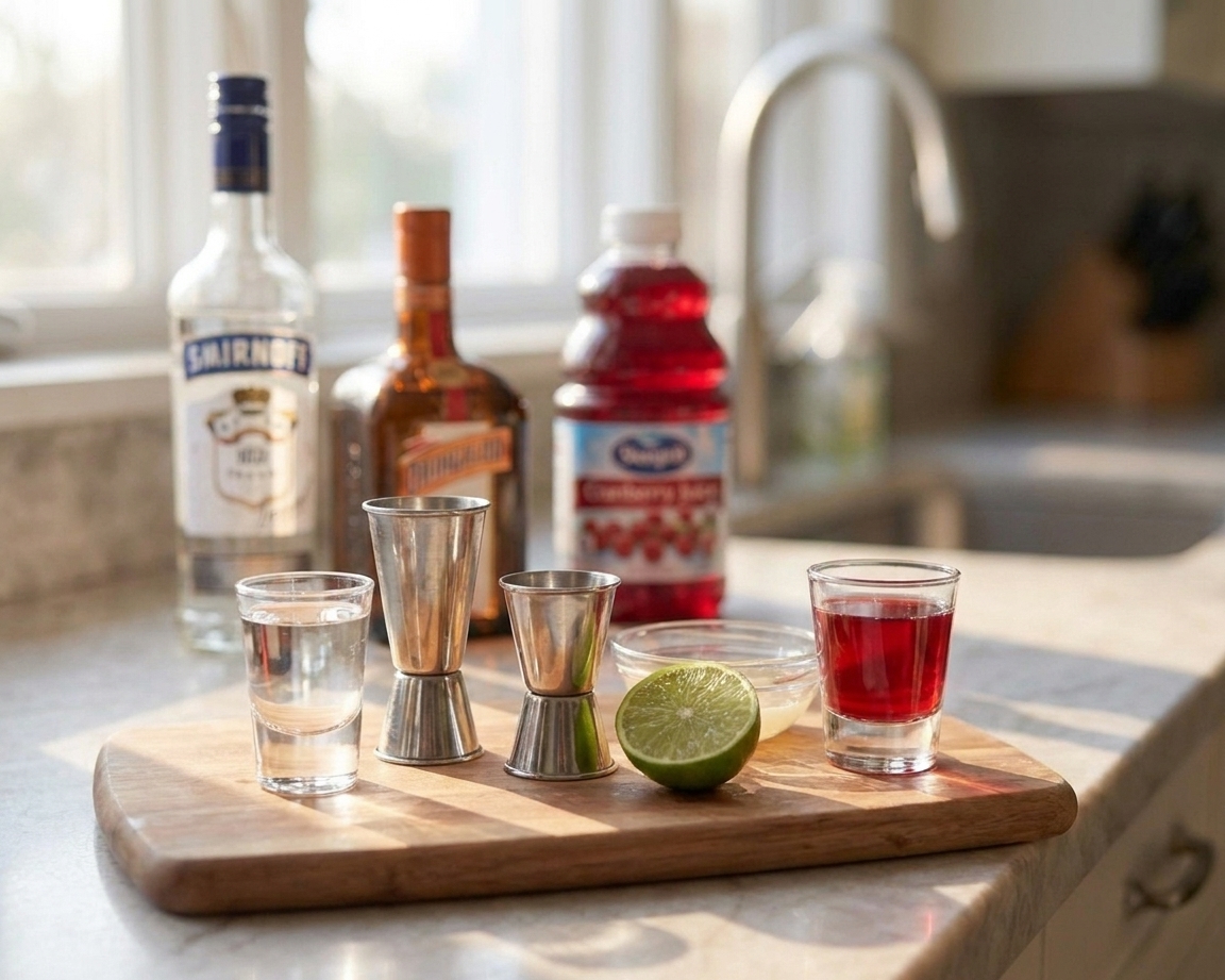 Measured ingredients for a Cosmopolitan on a kitchen counter: vodka, orange liqueur, lime, cranberry juice, and a metal jigger beside a cocktail shaker