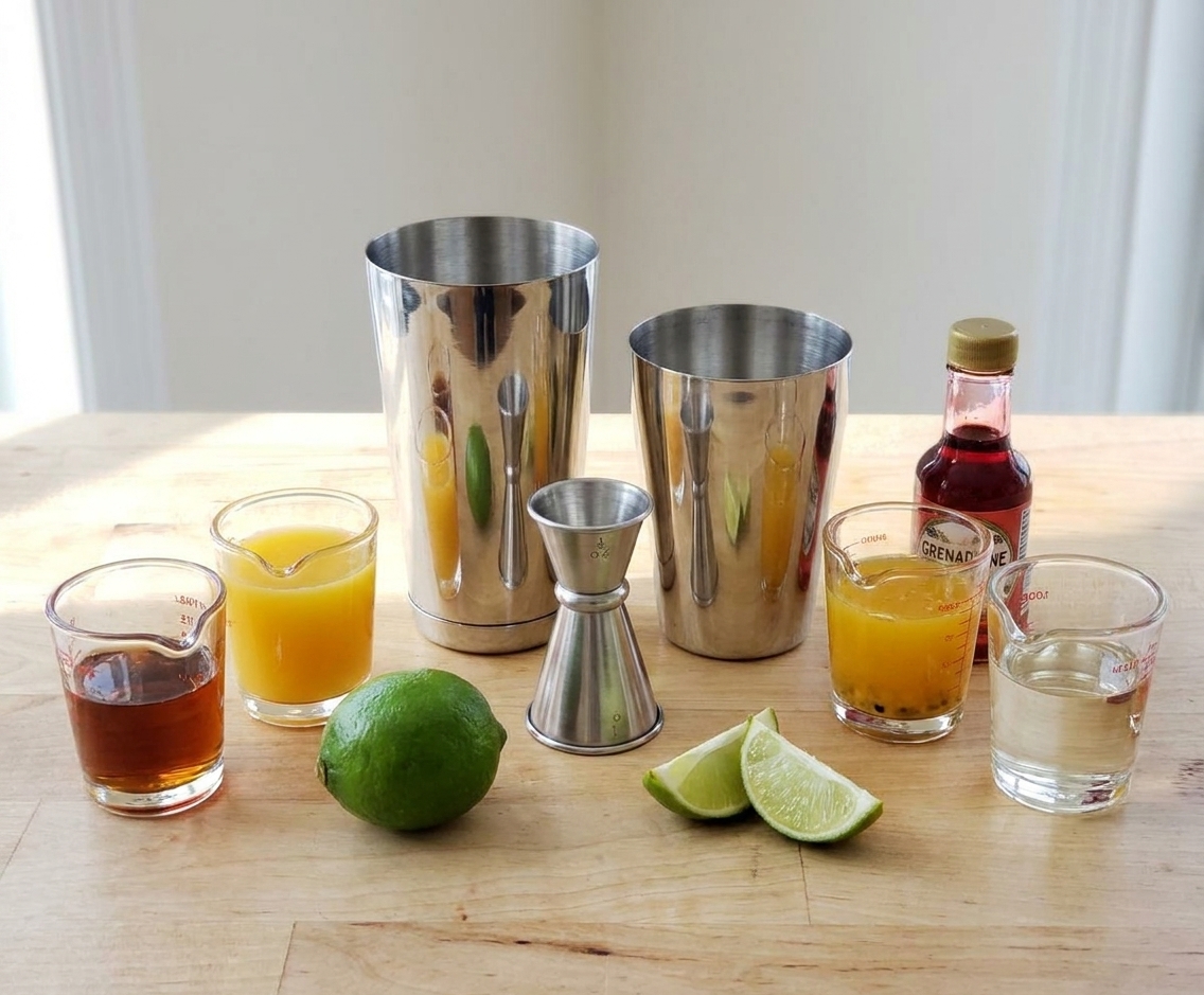 Measured ingredients for a Hurricane drink on a kitchen counter including rum, passion fruit juice, orange juice, lime, simple syrup, and grenadine with a jigger and cocktail shaker