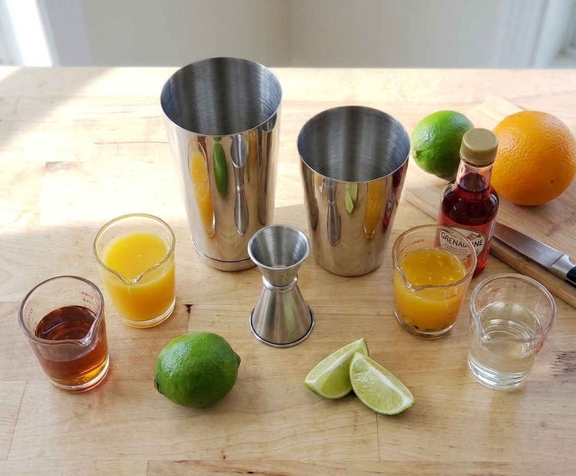 Measured ingredients for a Hurricane drink on a kitchen counter including rum, passion fruit juice, orange juice, lime, simple syrup, and grenadine with a jigger and cocktail shaker