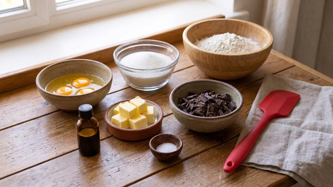 Measured ingredients for a Sacher-style chocolate cake on a tidy kitchen counter, including eggs, sugar, flour, butter, dark chocolate, vanilla, and salt in small bowls