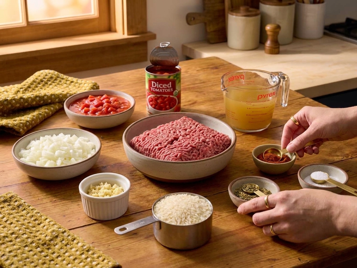 Measured ingredients for a ground meat skillet dinner laid out on a kitchen counter, including ground meat, onion, garlic, rice, canned tomatoes, broth, and spices