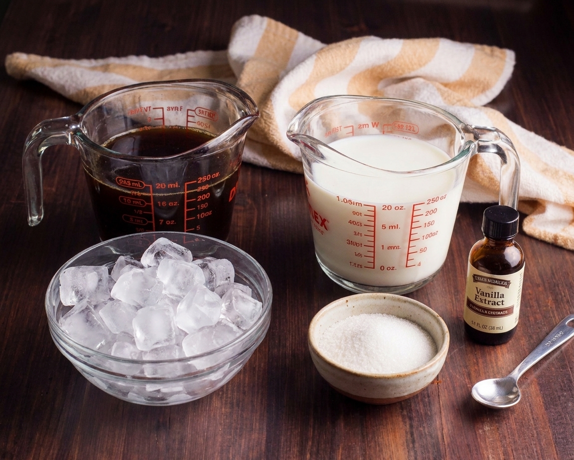 Measured ingredients for a homemade Frappuccino including brewed coffee, milk, sugar, ice cubes, and vanilla on a tidy kitchen counter in natural light