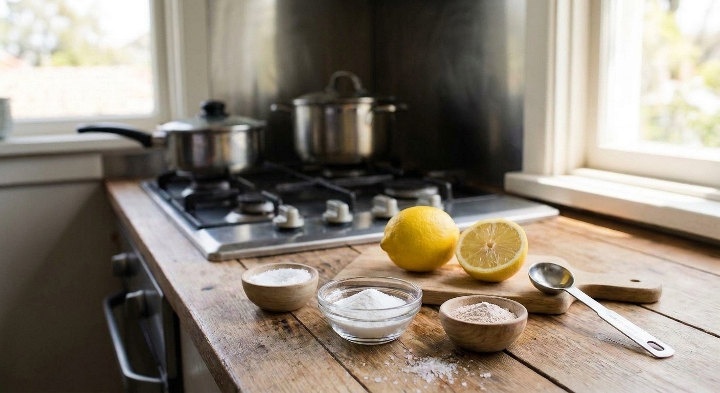 Measured ingredients for a homemade electrolyte mix on a kitchen counter, including fine salt, potassium chloride, magnesium powder, and a lemon