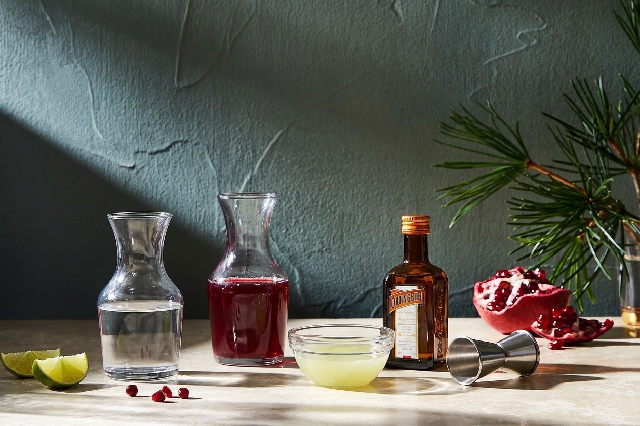 Measured ingredients for a pomegranate martini including vodka, pomegranate juice, orange liqueur, and fresh lime juice on a clean kitchen counter with a jigger