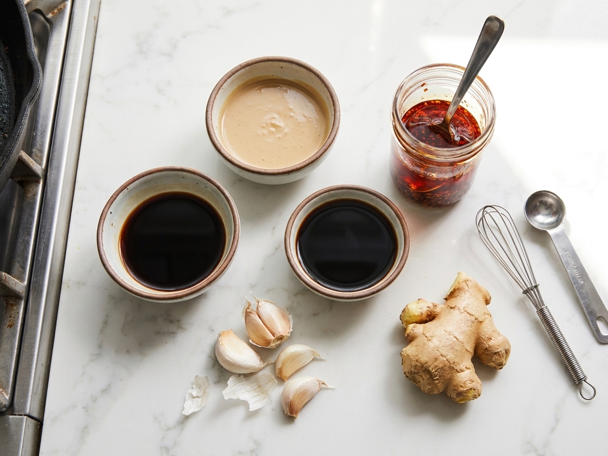 Measured ingredients for a sesame chili noodle sauce including tahini, soy sauce, black vinegar, chili oil, garlic, and ginger on a kitchen counter
