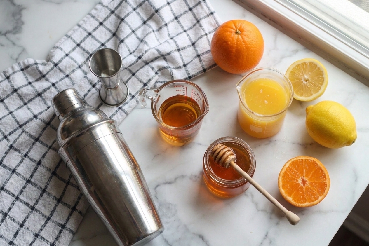 Measured ingredients for a whiskey sour including Irish whiskey, fresh orange juice, fresh lemon juice, and a small jar of orange-honey syrup