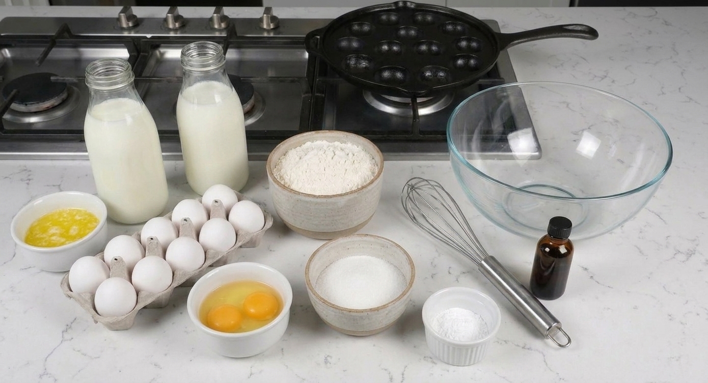 Measured ingredients for aebleskiver including flour, sugar, eggs, milk, buttermilk, butter, baking powder, and vanilla arranged on a bright kitchen counter