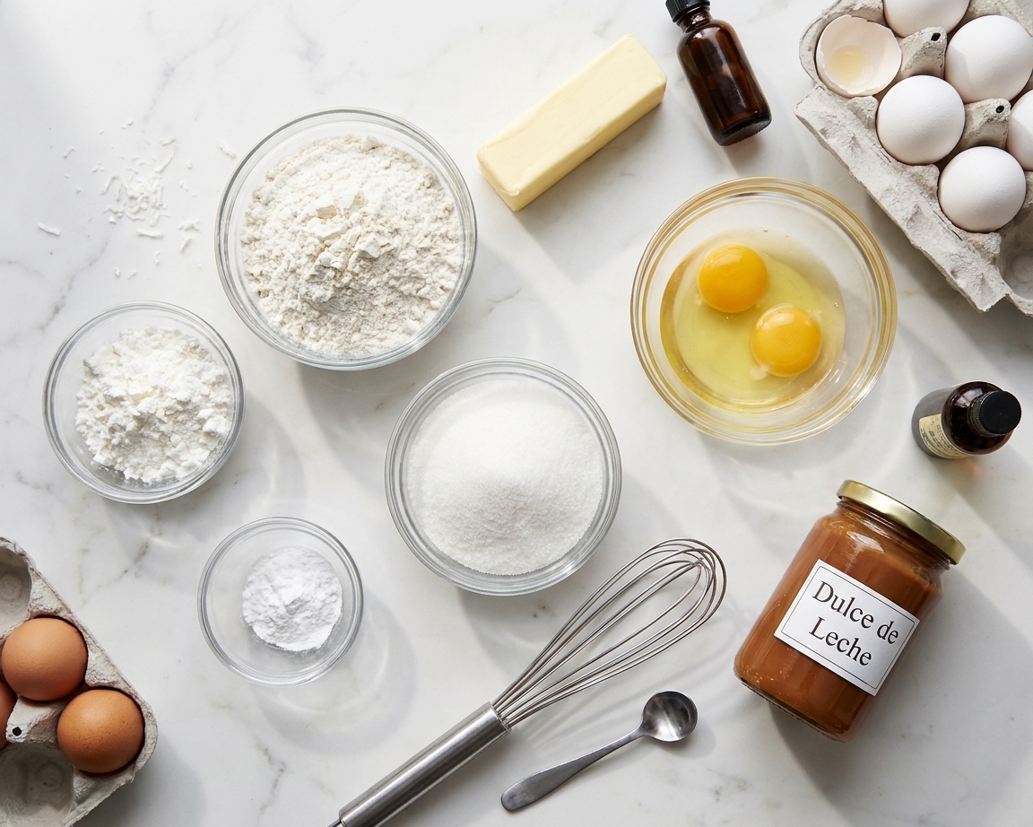 Measured ingredients for alfajores on a light kitchen counter, including flour, cornstarch, butter, sugar, eggs, vanilla, baking powder, and a jar of dulce de leche