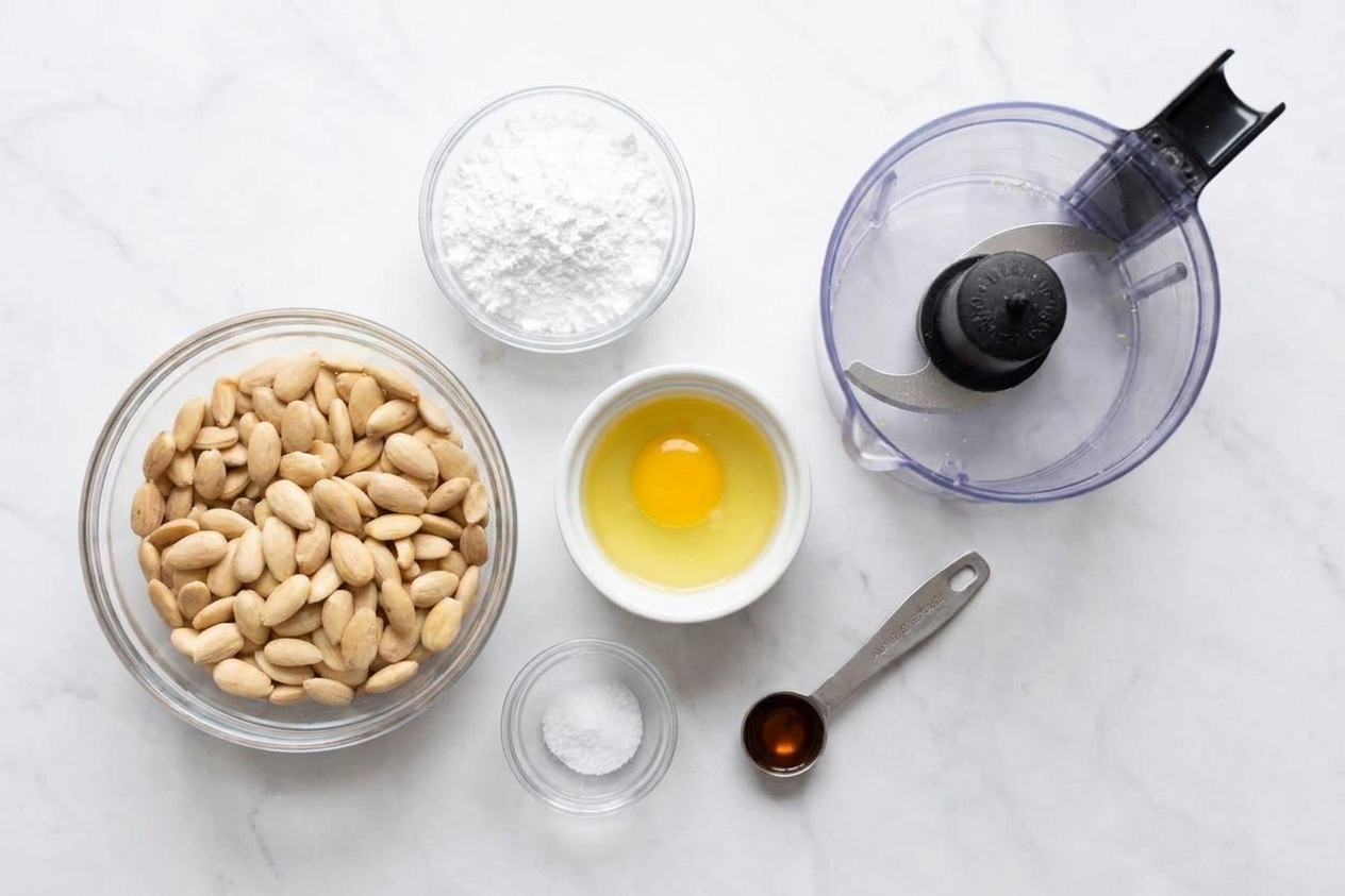 Measured ingredients for almond paste including blanched almonds, powdered sugar, an egg white, salt, and almond extract arranged on a kitchen counter