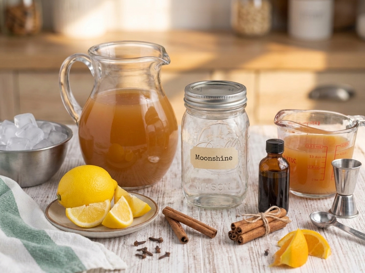 Measured ingredients for an apple pie moonshine drink including apple cider, moonshine, cinnamon sticks, vanilla extract, lemons, and ice arranged on a kitchen counter