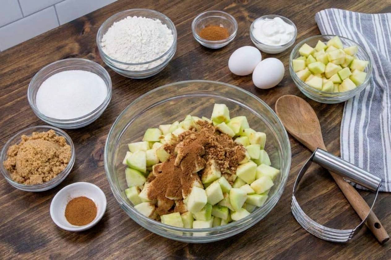Measured ingredients for apple coffee cake on a kitchen counter, including flour, sugar, brown sugar, cinnamon, eggs, sour cream, butter, and diced apples in a bowl