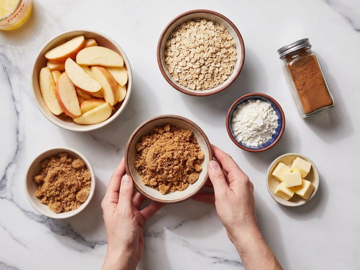 Measured ingredients for apple crisp including sliced apples, rolled oats, brown sugar, flour, cinnamon, and butter arranged on a clean kitchen counter in consistent natural light