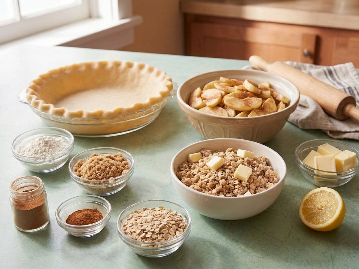 Measured ingredients for apple crumble pie on a bright kitchen counter, including sliced apples, flour, sugar, oats, butter, cinnamon, lemon, and a pie crust in a dish