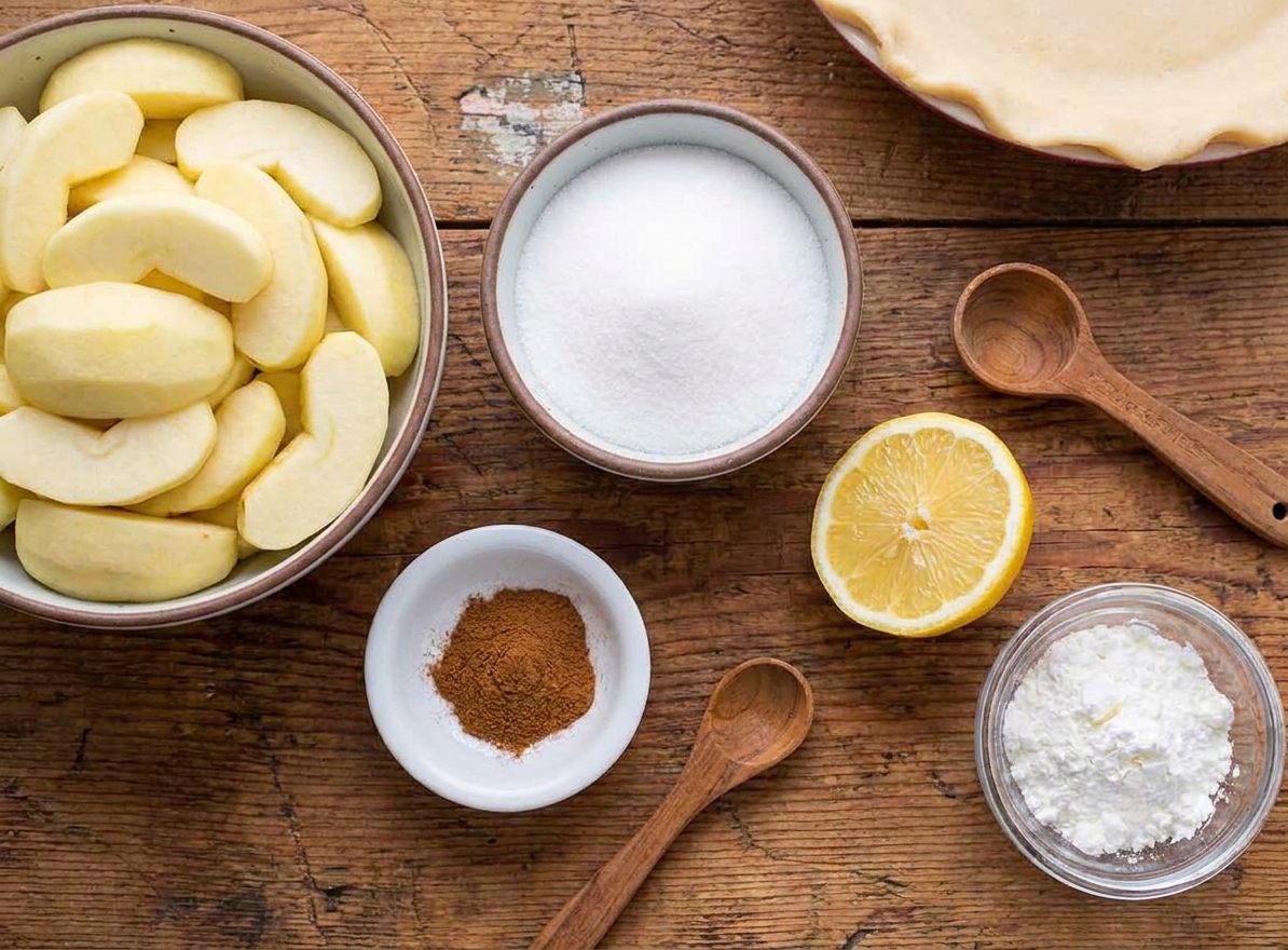 Measured ingredients for apple pie filling including sliced apples, sugar, cinnamon, lemon, and cornstarch arranged on a kitchen counter