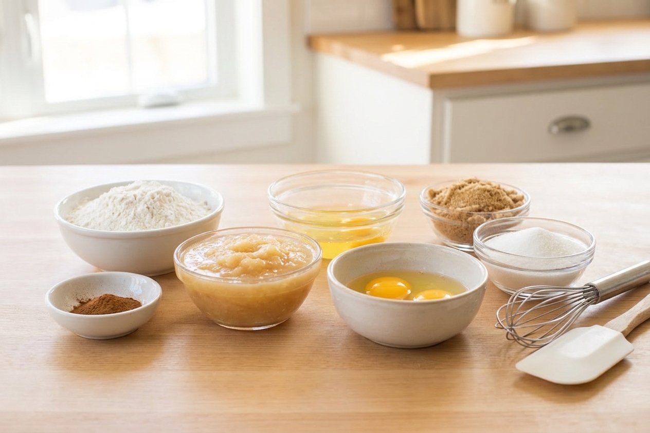 Measured ingredients for applesauce bread in small bowls on a bright kitchen counter, including flour, cinnamon, applesauce, eggs, and sugars