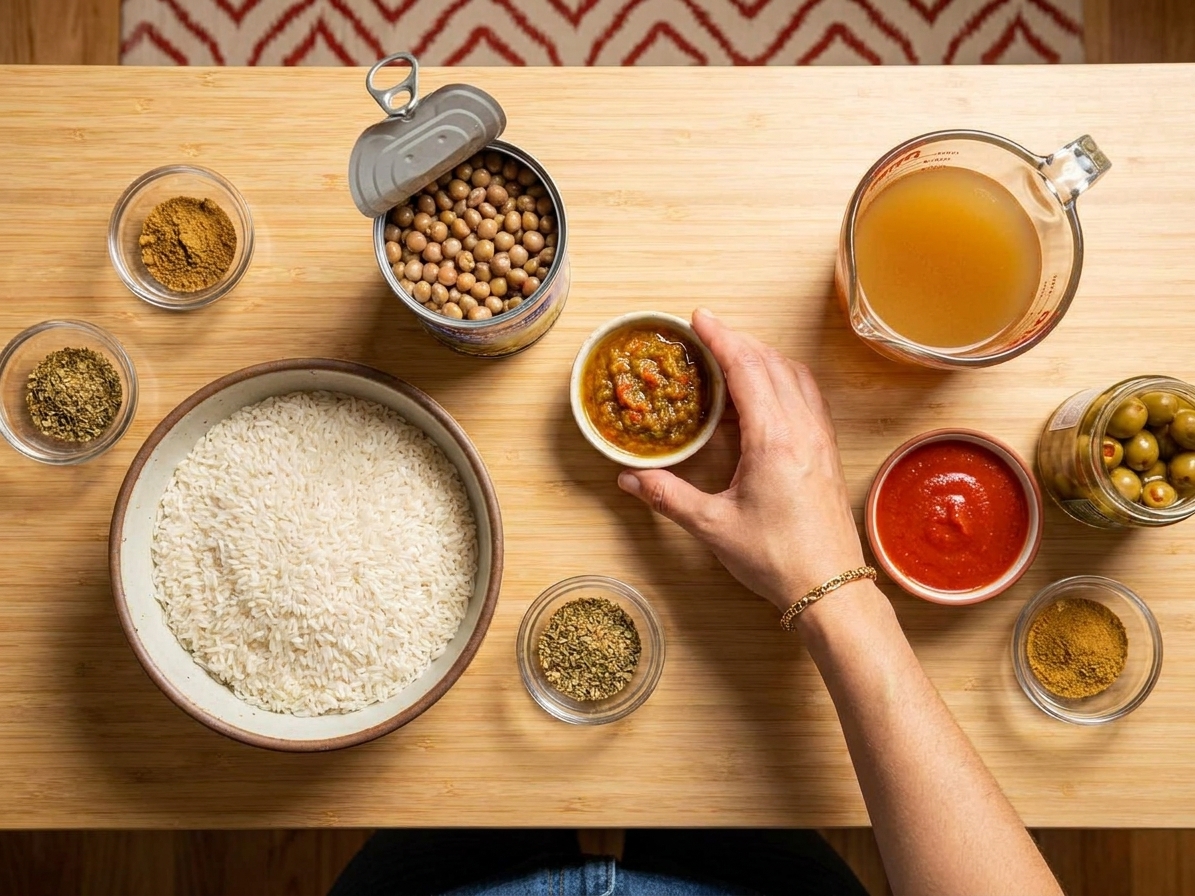 Measured ingredients for arroz con gandules on a kitchen counter, including rinsed rice in a bowl, canned pigeon peas, sofrito in a small dish, tomato sauce, broth, olives, and spices