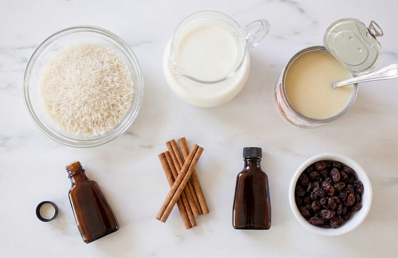 Measured ingredients for arroz con leche on a kitchen counter, including rice, milk, sweetened condensed milk, cinnamon sticks, vanilla, and raisins
