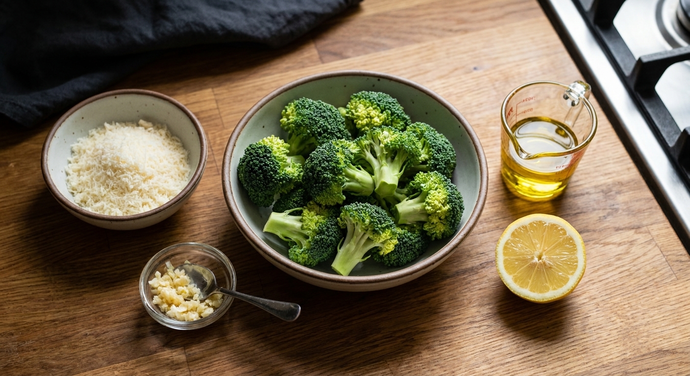 Measured ingredients for baked broccoli including broccoli florets, grated Parmesan, minced garlic, olive oil, and a halved lemon arranged on a kitchen counter