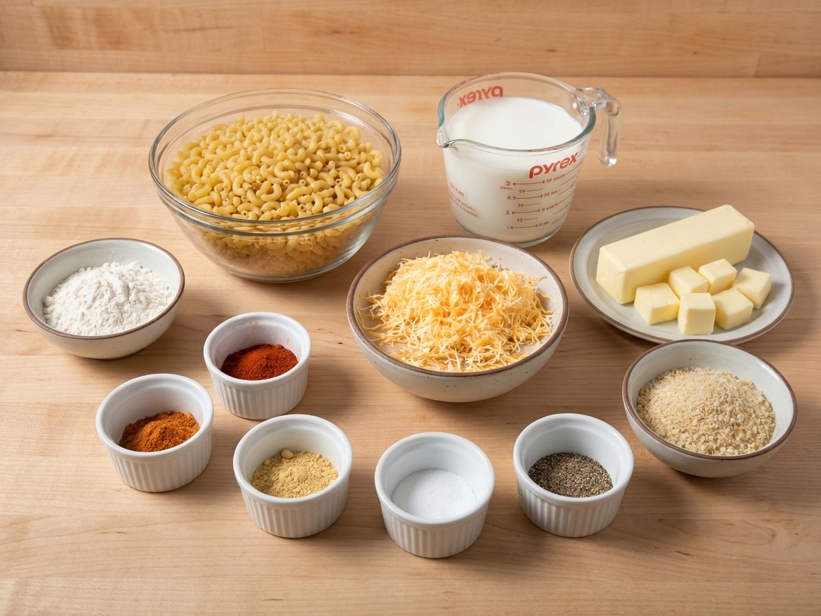 Measured ingredients for baked mac and cheese arranged on a light kitchen counter, including dry elbow macaroni, shredded cheddar, milk, butter, flour, spices, and breadcrumbs in small bowls