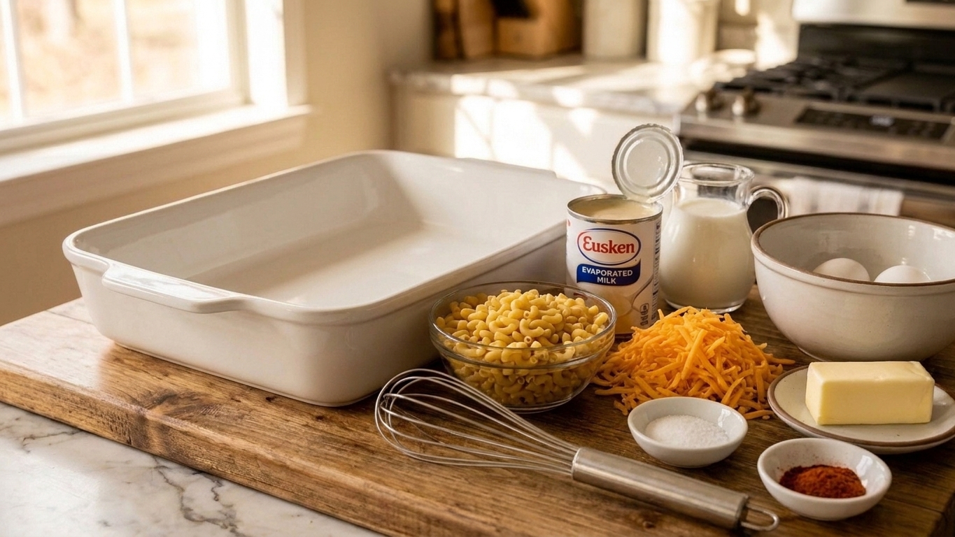 Measured ingredients for baked mac and cheese including dry elbow macaroni, shredded cheddar, evaporated milk, eggs, butter, and seasonings arranged on a kitchen counter