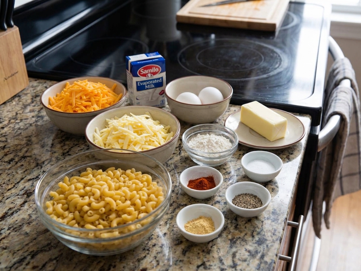 Measured ingredients for baked mac and cheese on a clean kitchen counter including dried elbow macaroni, shredded cheddar, shredded Monterey Jack, evaporated milk, eggs, butter, flour, and spices