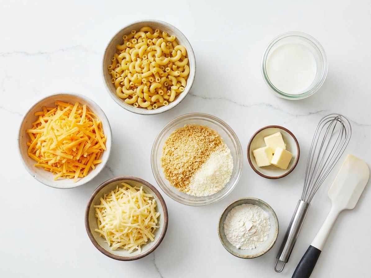 Measured ingredients for baked macaroni and cheese on a bright kitchen counter, including macaroni, shredded cheeses, milk, butter, flour, and breadcrumbs in small bowls