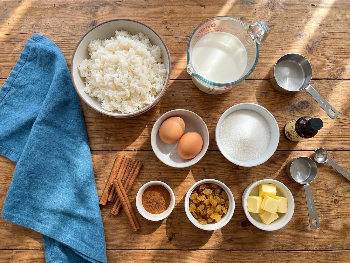 Measured ingredients for baked rice pudding on a kitchen counter, including cooked rice, milk, eggs, sugar, vanilla, cinnamon, butter, and raisins