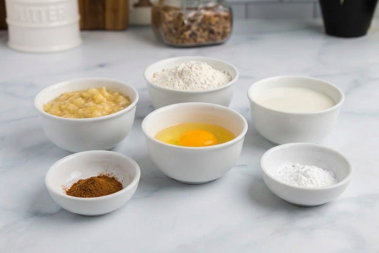Measured ingredients for banana pancakes in small bowls on a kitchen counter, including mashed ripe banana, flour, egg, milk, cinnamon, and baking powder