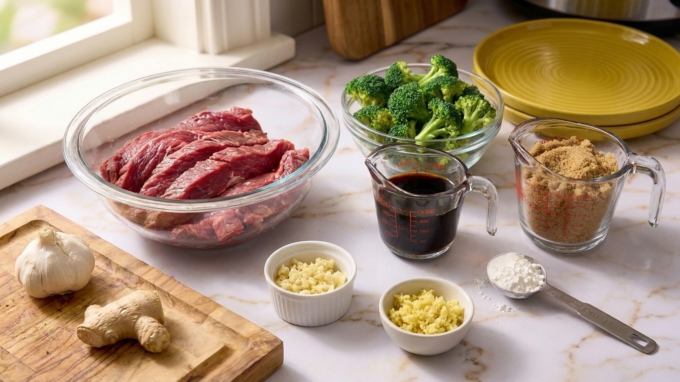 Measured ingredients for beef and broccoli including sliced flank steak, broccoli florets, soy sauce, brown sugar, garlic, ginger, and cornstarch on a clean kitchen counter in warm light