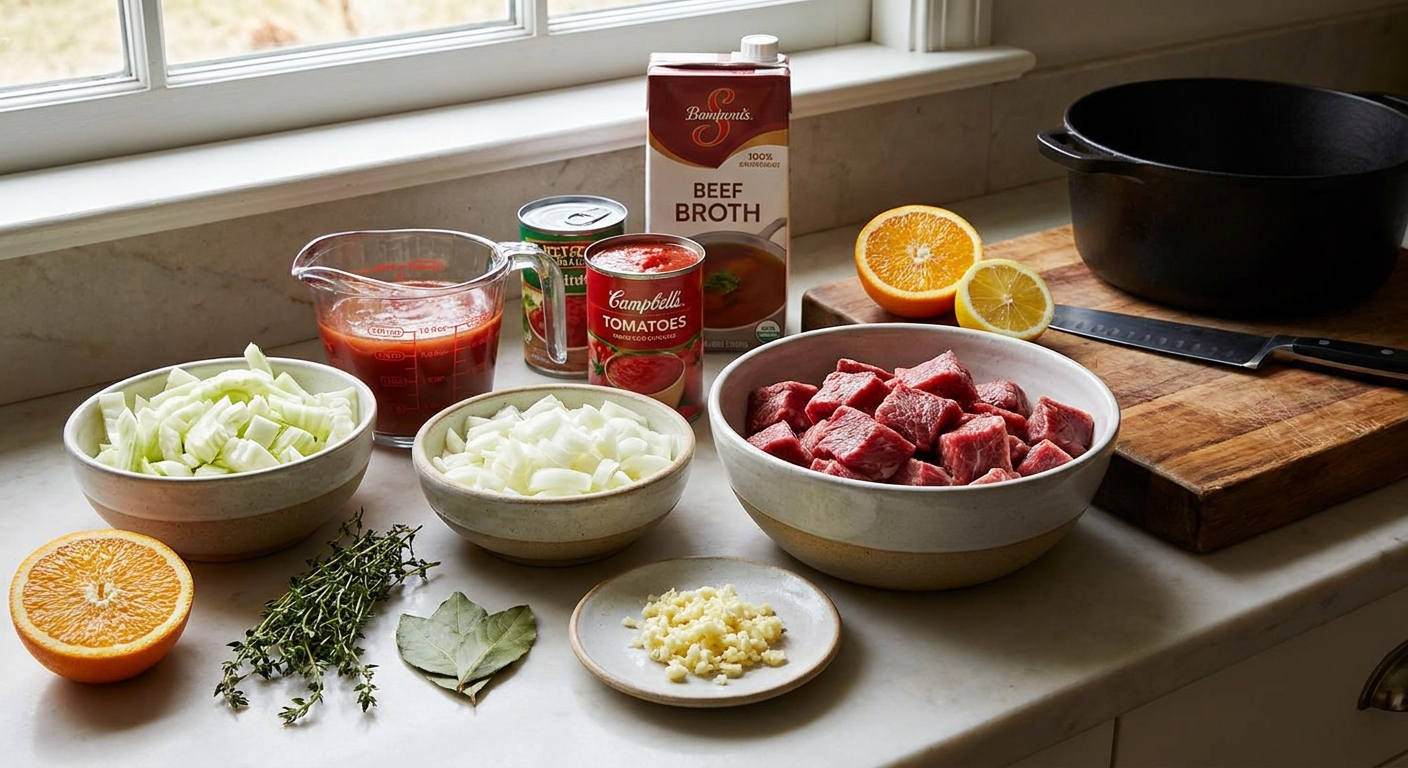 Measured ingredients for beef bouillabaisse-style stew on a kitchen counter including cubed beef, fennel, onion, garlic, tomatoes, broth, herbs, and citrus