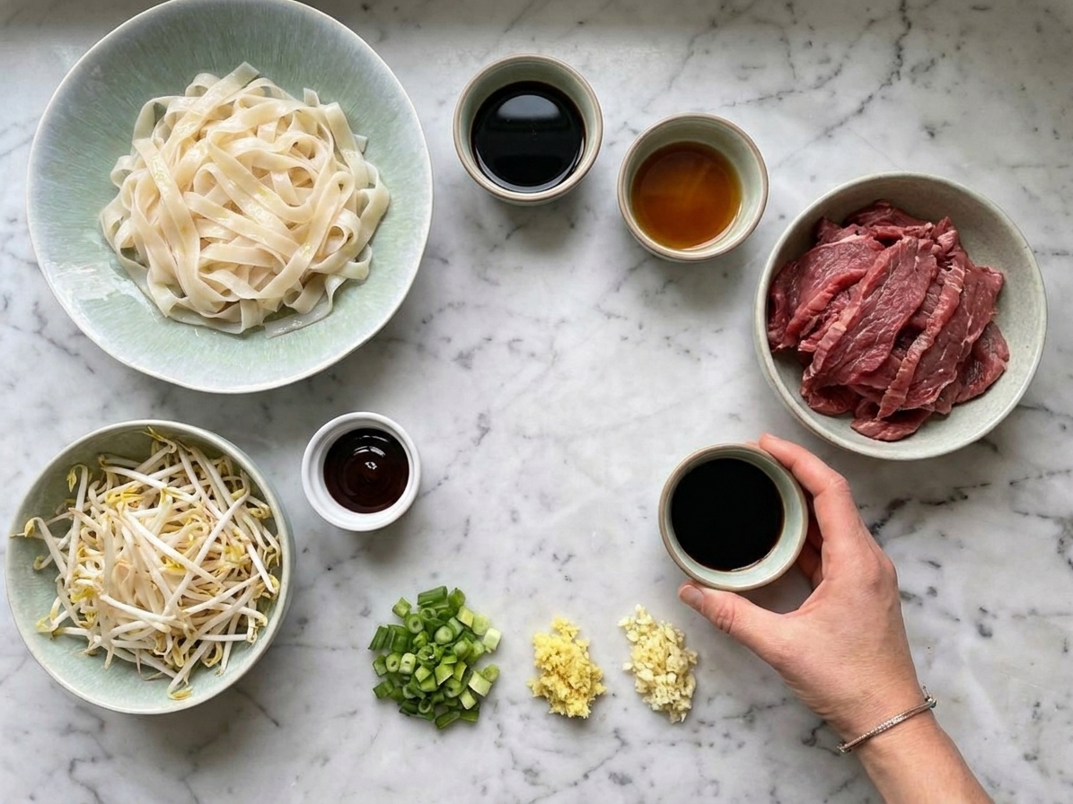 Measured ingredients for beef chow fun on a kitchen counter, including wide rice noodles, sliced flank steak, soy sauces, oyster sauce, bean sprouts, scallions, ginger, and garlic