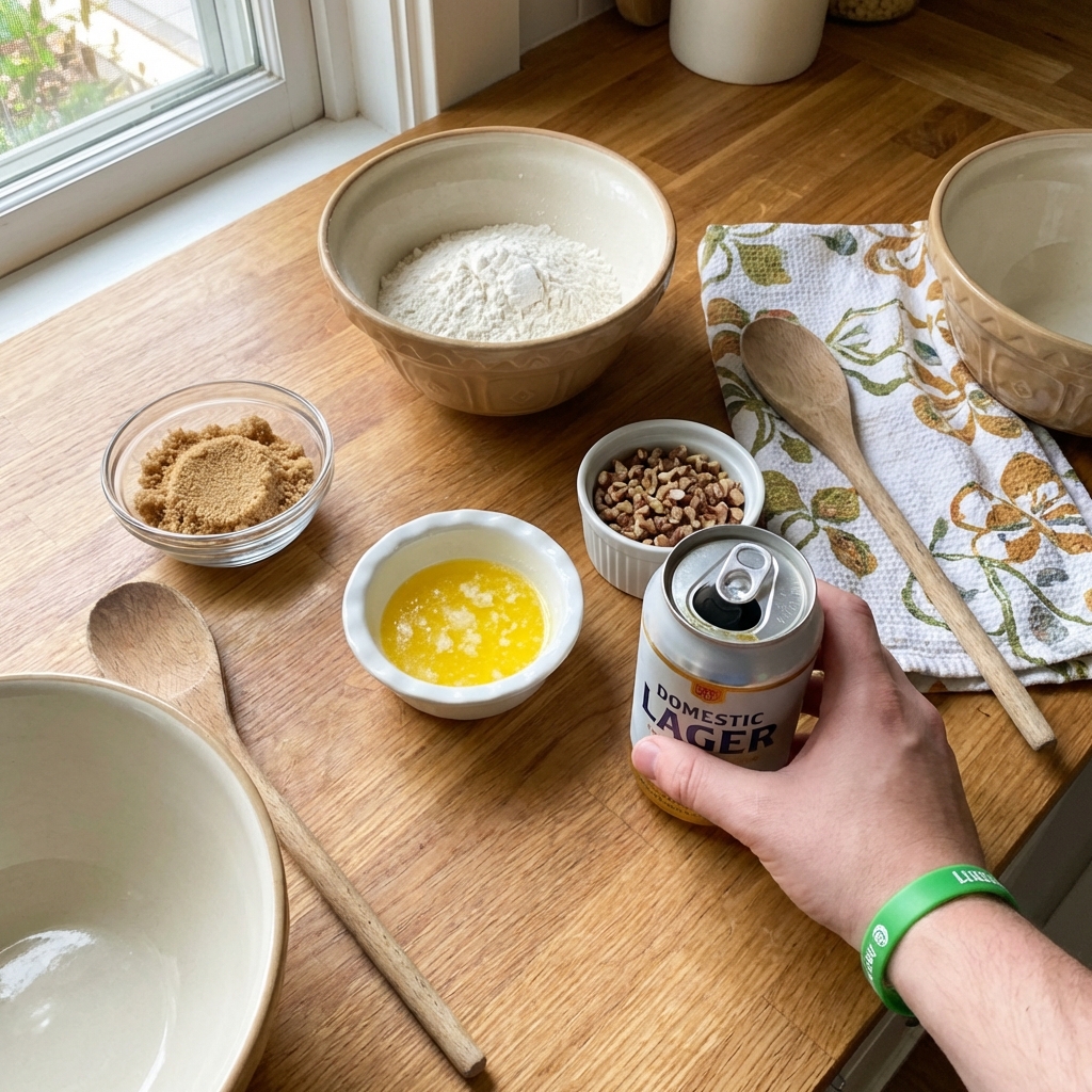 Measured ingredients for beer bread on a kitchen counter including flour, brown sugar, melted butter, chopped nuts, and a can of beer