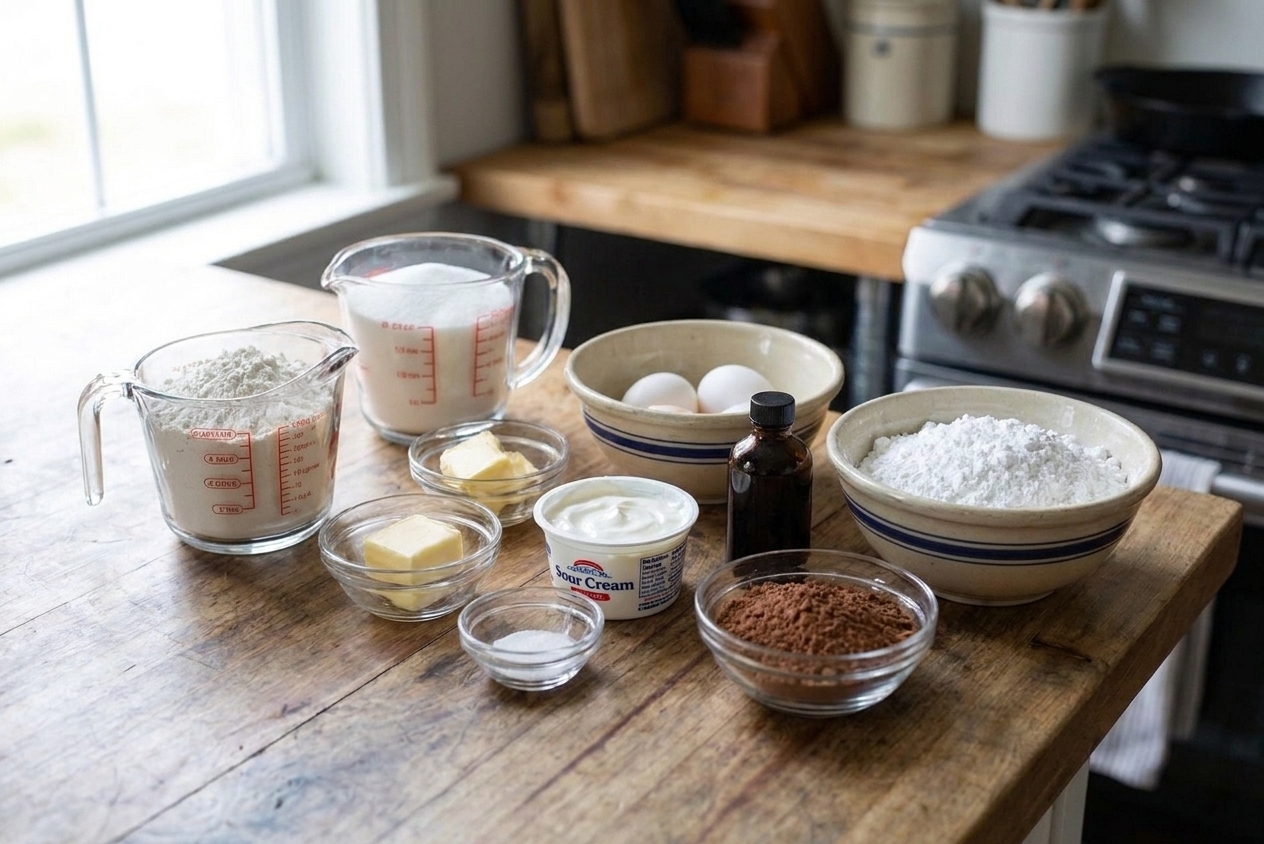 Measured ingredients for black and white cookies on a clean kitchen counter, including flour, sugar, butter, eggs, sour cream, vanilla, cocoa, and powdered sugar