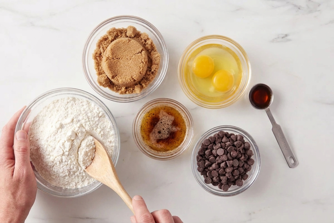 Measured ingredients for blondies including brown sugar, flour, eggs, browned butter, vanilla, and chocolate chips arranged on a clean kitchen counter