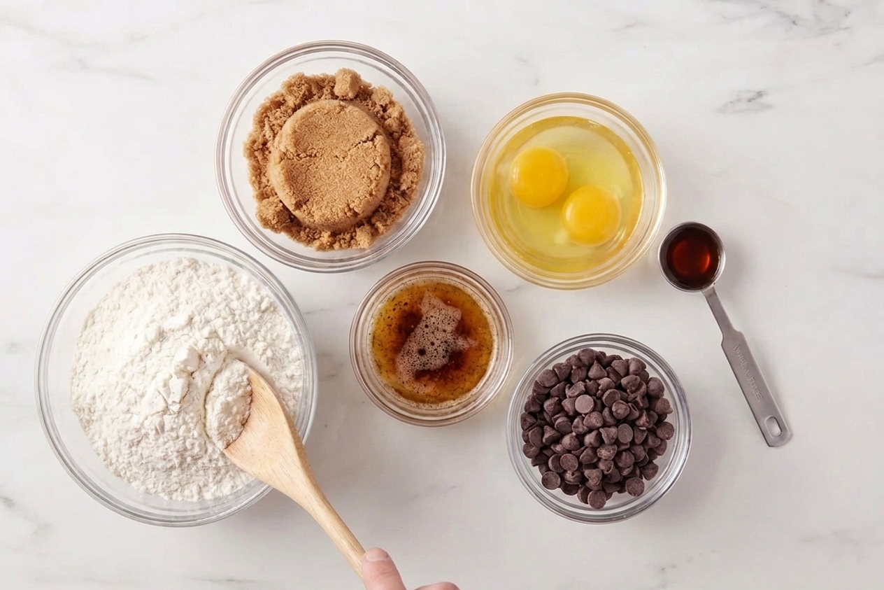 Measured ingredients for blondies including brown sugar, flour, eggs, browned butter, vanilla, and chocolate chips arranged on a clean kitchen counter in warm, consistent lighting