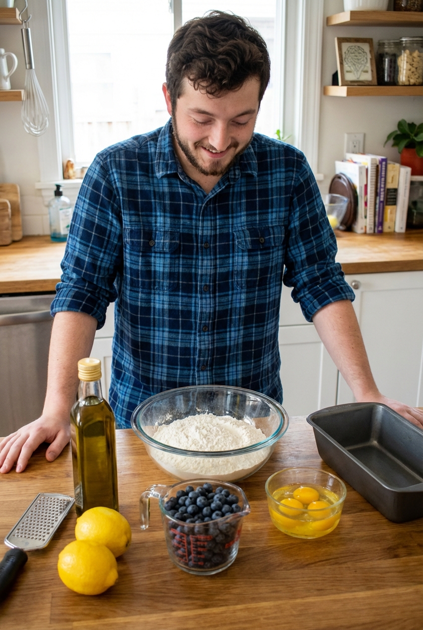 Measured ingredients for blueberry bread on a kitchen counter including lemons, blueberries, flour, eggs, and olive oil