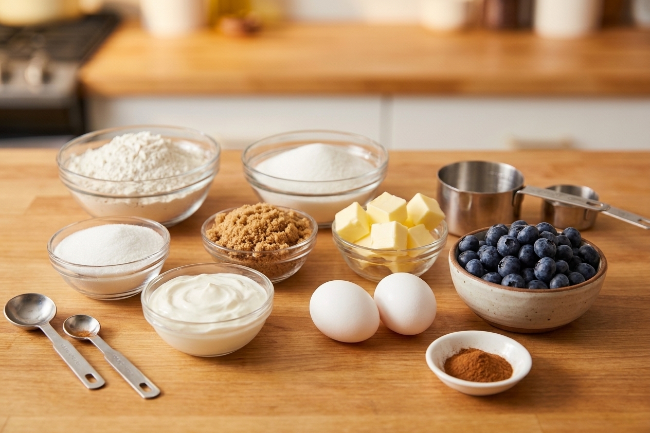 Measured ingredients for blueberry coffee cake arranged on a clean kitchen counter, including flour, sugar, butter, sour cream, eggs, blueberries, and cinnamon