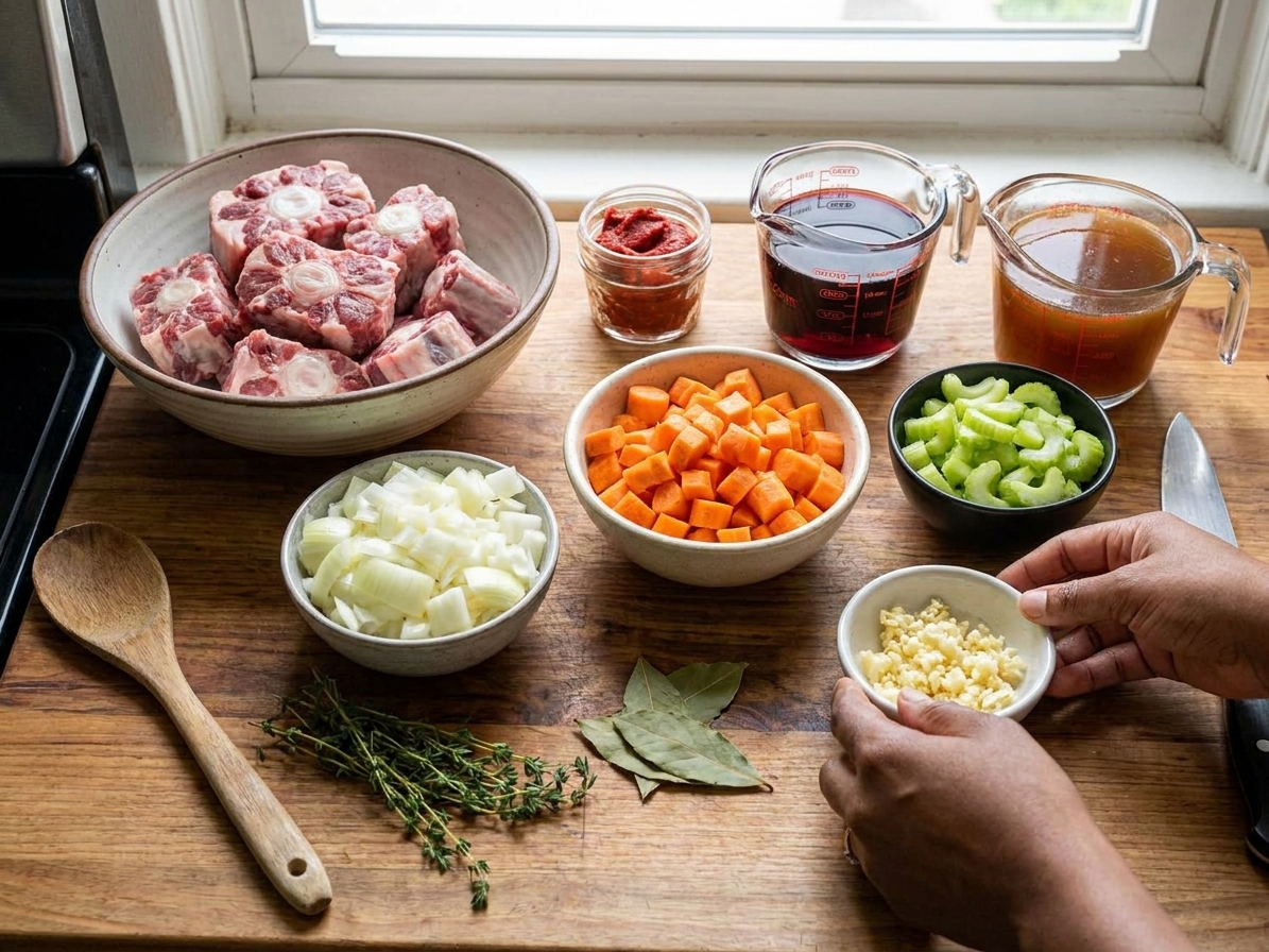 Measured ingredients for braised beef tail including oxtail, chopped onion, carrots, celery, garlic, tomato paste, red wine, and broth arranged on a clean kitchen counter