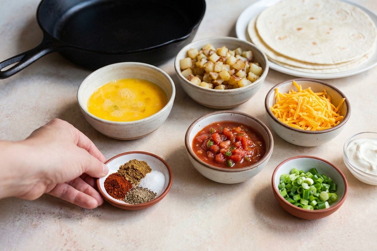 Measured ingredients for breakfast burritos including beaten eggs in a bowl, cooked diced potatoes, shredded cheese, salsa, sour cream, green onions, and spices laid out for meal prep