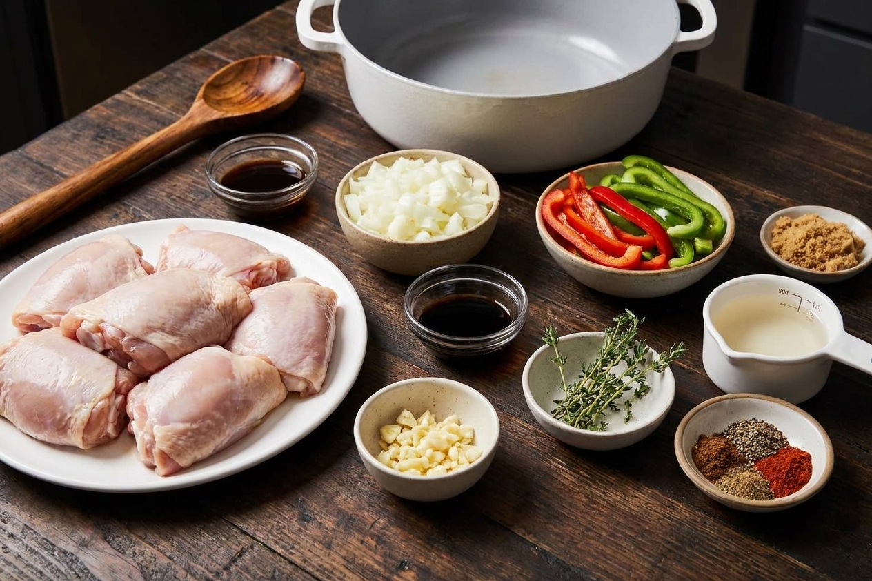 Measured ingredients for brown stew chicken on a kitchen counter, including chicken thighs, onions, garlic, bell peppers, thyme, soy sauce, brown sugar, vinegar, and spices in small bowls