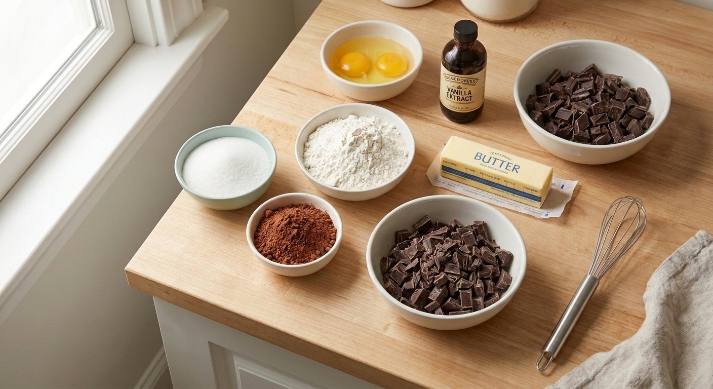 Measured ingredients for brownie pudding on a kitchen counter with bowls of sugar, flour, cocoa, chopped chocolate, and cracked eggs ready to mix