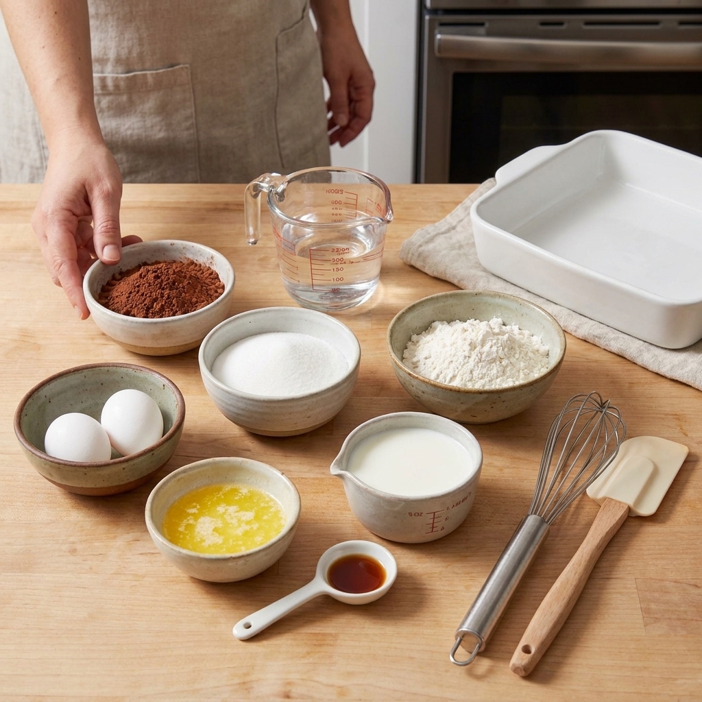 Measured ingredients for brownie pudding on a kitchen counter, including cocoa powder, flour, sugar, eggs, butter, milk, and vanilla in small bowls