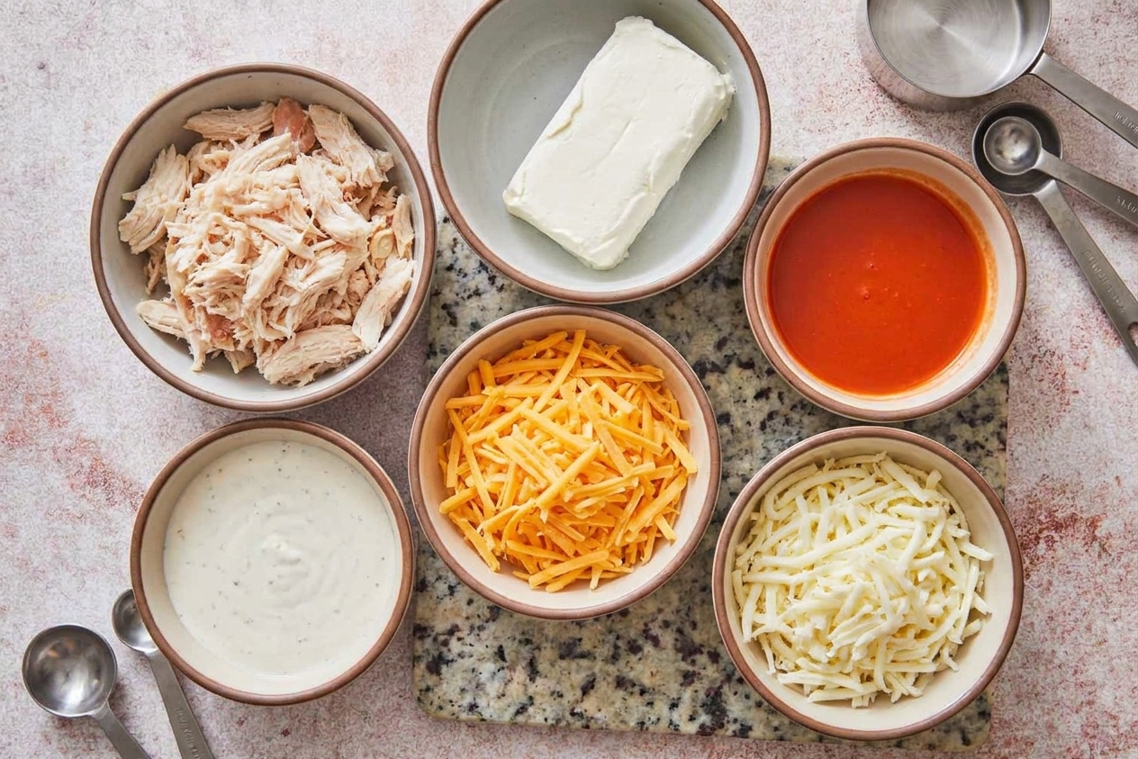 Measured ingredients for buffalo chicken dip on a kitchen counter, including shredded chicken, cream cheese, Frank’s RedHot, ranch dressing, shredded cheddar, and shredded mozzarella in small bowls