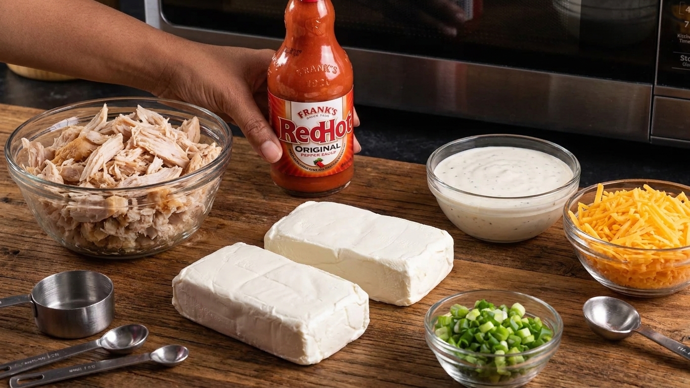 Measured ingredients for buffalo chicken dip on a kitchen counter, including shredded chicken, cream cheese blocks, Frank's RedHot sauce, ranch dressing, shredded cheddar, and green onions