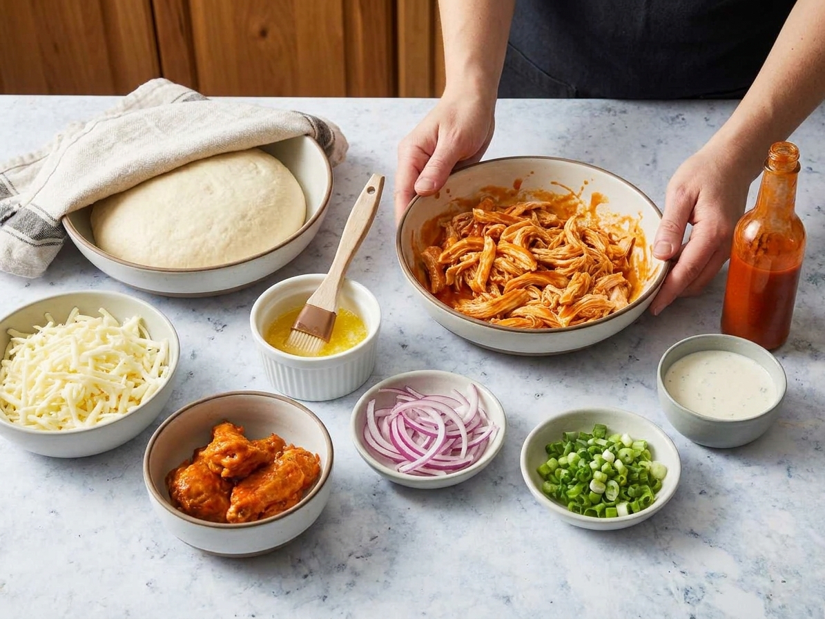Measured ingredients for buffalo chicken pizza on a kitchen counter, including pizza dough, shredded chicken, hot sauce, butter, mozzarella, red onion, scallions, and ranch